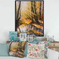 עיצוב אמנות 'בהיר שמש דרך חום יער עצים' אגם בית ממוסגר בד קיר אמנות הדפסה