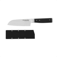 סכין סנטוקו של מטבח גורמה מזויף מסננת מסננת עם כיסוי להב, שחור