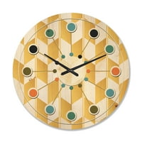 עיצוב 'דפוס גיאומטרי לבן וזהב, שעון קיר עץ מודרני של אמצע המאה