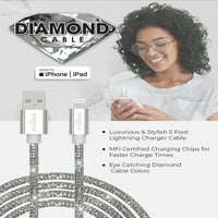 Liquipel Powertek iPad ו- iPhone Charger כבל, טעינה מהירה 6ft MFI ברק מוסמך לחוט USB, Diamond Shine Silver