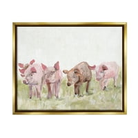 סטופל תעשיות ורוד תינוק חזירים מרעה חוות כר דשא מרעה ציור מתכתי זהב צף ממוסגר בד הדפסת קיר אמנות, עיצוב