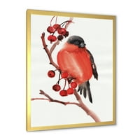 אמנות עיצוב 'ציפור בולפינץ' אדומה יושבת על ענף עם פירות יער ' הדפס אמנות ממוסגר מסורתי