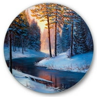 עיצוב זוהר בוקר ביער חג המולד ליד הנהר אגם בית מעגל קיר מתכת - דיסק של 23