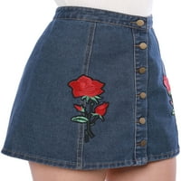 נשים רוז פרחוני אפליקצית כפתור קדמי אונליין ג ' ינס חצאית כחול
