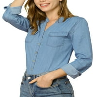 מציאות ייחודיות ג'ינס נשים עליון כיס חזה מפוצל כיס שרוול ארוך כפתור למטה חולצה
