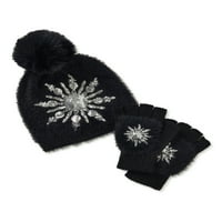 כובע פתית שלג וכפפות נצנצים של נשים, סט, 2 חלקים
