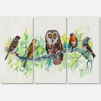חברים בציפורים עם ינשוף על ענף ציור הדפס אמנות בד