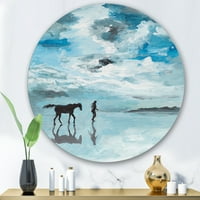 עיצוב 'סצנה שלווה של סוס ואדם שרץ ליד המים' מעגל החווה מעגל קיר מתכת - דיסק של 29