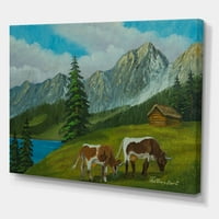 עיצוב 'פרות על אחו ירוק עם נוף הרים עם' הדפס אמנות קיר בד חווה
